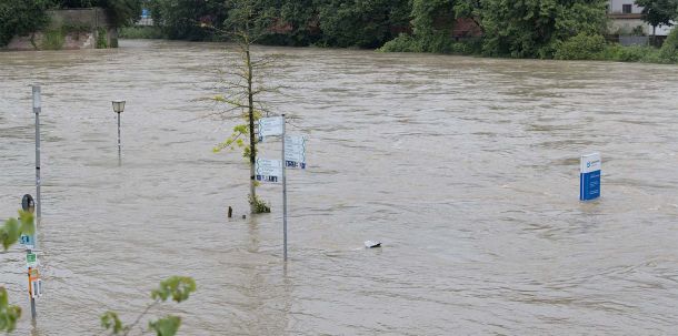 Hochwasser der Donau am 1. Juni 2024 in Ulm und Neu-Ulm. Überflutete Donauwiese mit Radwegweiser